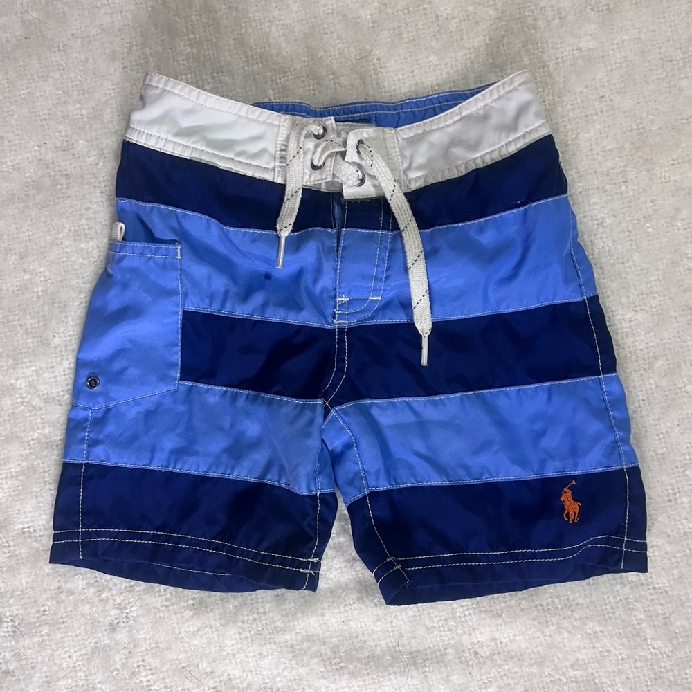 POLO RALPH LAUREN boys light blue and navy Size 4/4T swim trucks with tie waist
